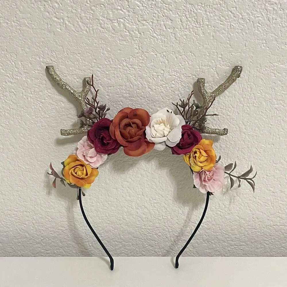 Deer Antler Floral Headband Girls Dress-Up Halloween Glitter